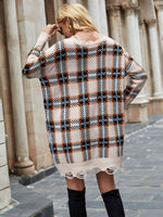 Plaid Distressed V-Neck Sweater Dress - Ladyez