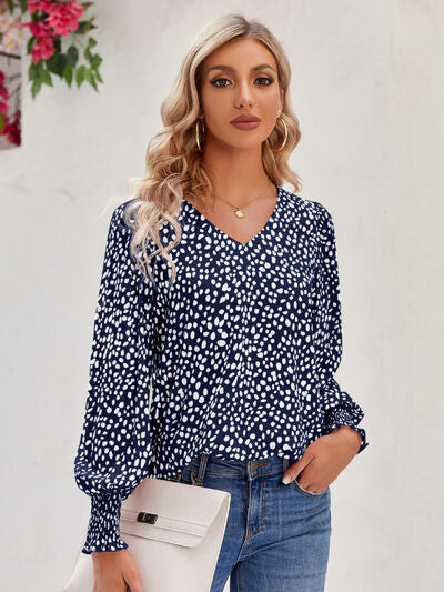 Printed V-Neck Lantern Sleeve Blouse - Ladyez