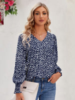 Printed V-Neck Lantern Sleeve Blouse - Ladyez