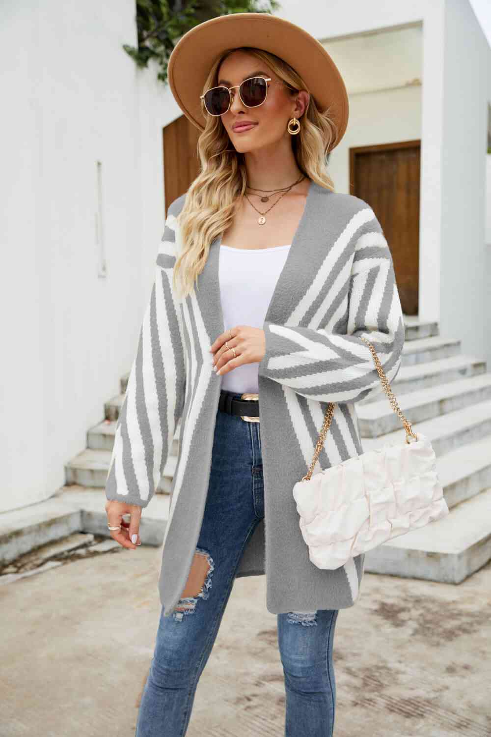 Woven Right Two-Tone Open Front Fuzzy Longline Cardigan - Ladyez