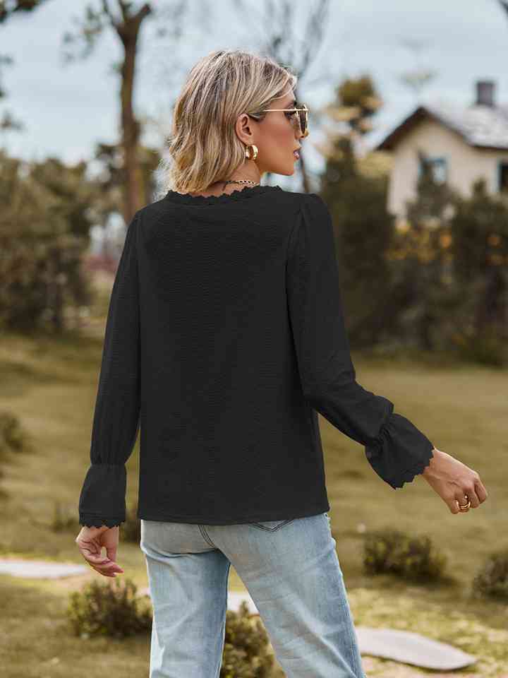 V-Neck Flounce Sleeve Blouse - Ladyez