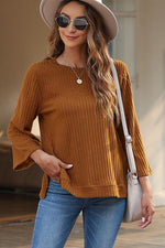 Ribbed Round Neck Slit Top - Ladyez