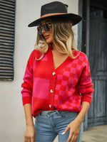 Plaid V-Neck Dropped Shoulder Cardigan - Ladyez