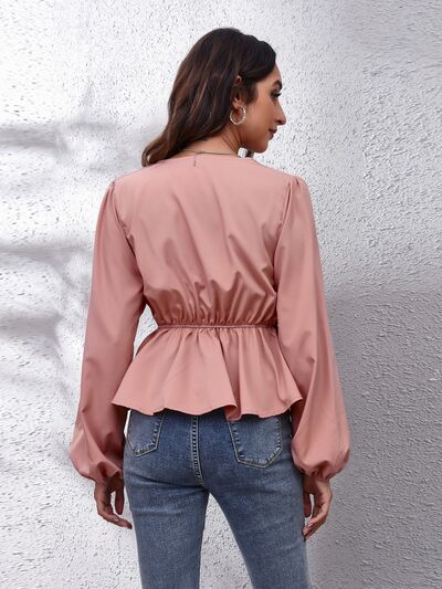 V-Neck Balloon Sleeve Peplum Blouse - Ladyez