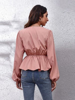 V-Neck Balloon Sleeve Peplum Blouse - Ladyez