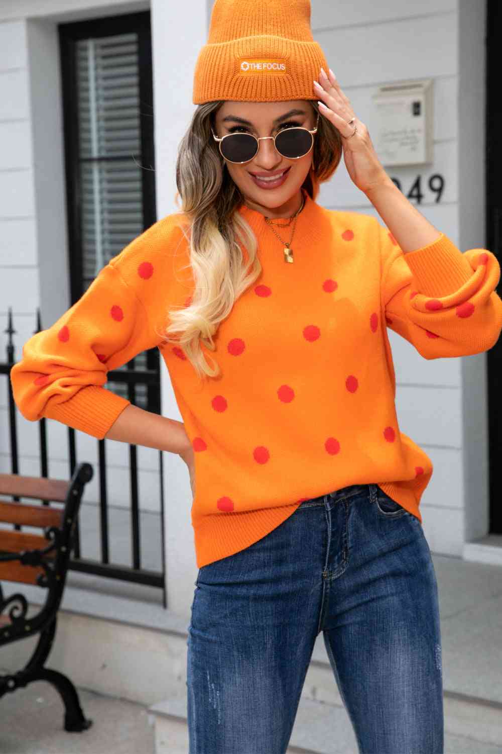 Woven Right Polka Dot Round Neck Dropped Shoulder Sweater - Ladyez
