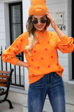 Woven Right Polka Dot Round Neck Dropped Shoulder Sweater - Ladyez