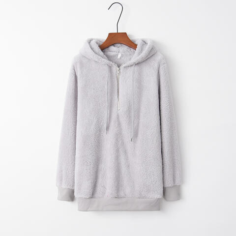 Quarter-Zip Drawstring Teddy Hoodie - Ladyez