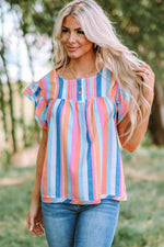 Multicolored Stripe Flutter Sleeve Blouse - Ladyez