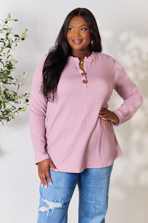 Celeste Full Size Texture Half Button Long Sleeve Blouse - Ladyez