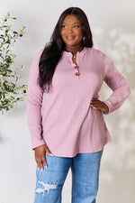 Celeste Full Size Texture Half Button Long Sleeve Blouse - Ladyez