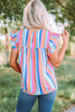 Multicolored Stripe Flutter Sleeve Blouse - Ladyez