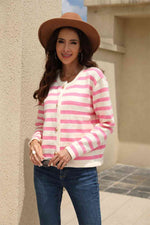 Striped Round Neck Button-Down Dropped Shoulder Cardigan - Ladyez