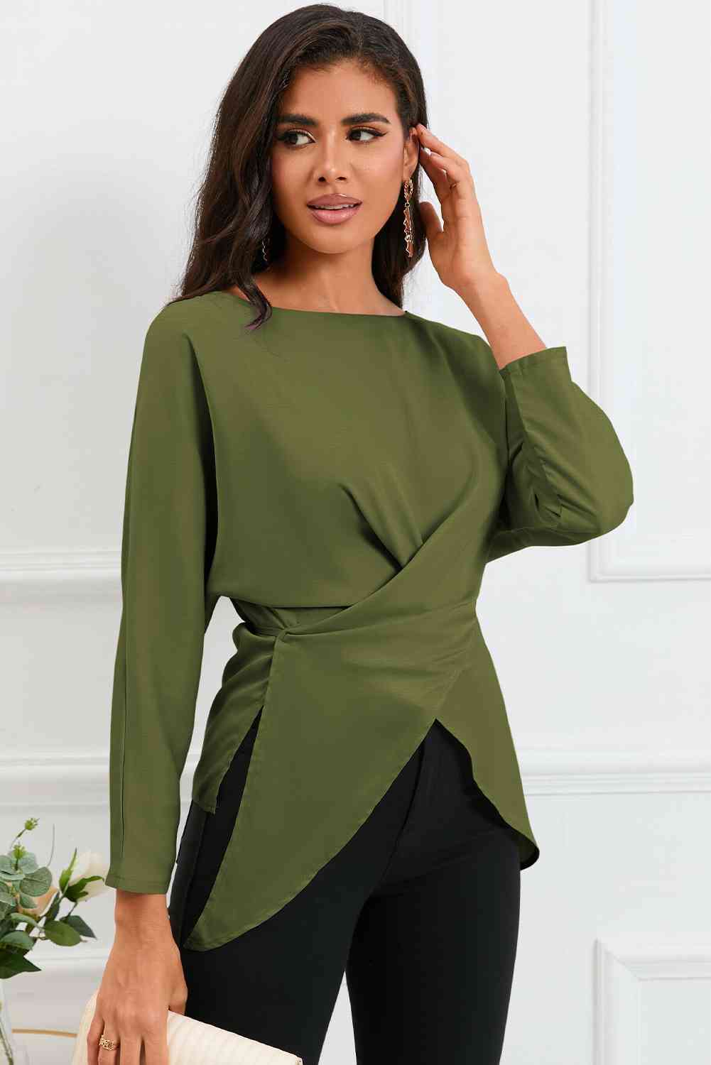 Boat Neck Back Tie Long Sleeve Satin Blouse - Ladyez