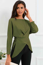 Boat Neck Back Tie Long Sleeve Satin Blouse - Ladyez