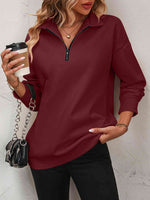 Zip-Up Dropped Shoulder Sweatshirt - Ladyez