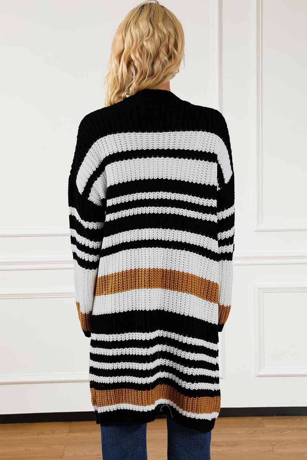 Striped Open Front Cardigan with Pockets - Ladyez