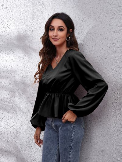 V-Neck Balloon Sleeve Peplum Blouse - Ladyez