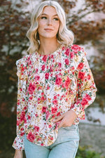 Floral Round Neck Smocked Blouse - Ladyez