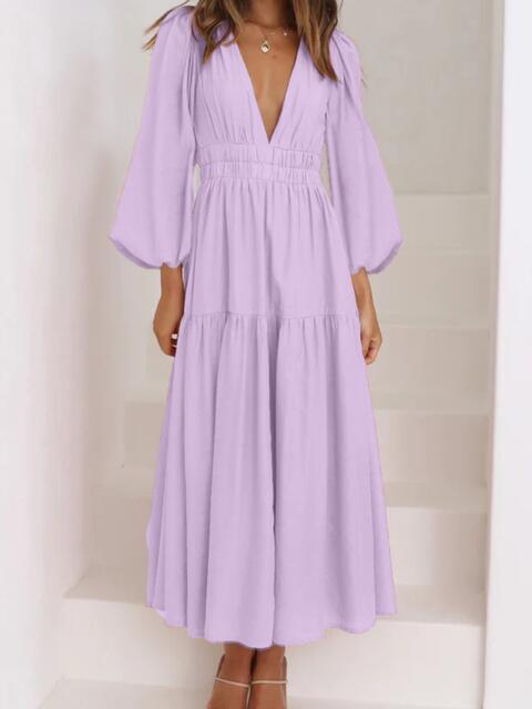 Deep V-Neck Balloon Sleeve Plain Maxi Dress - Ladyez