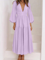 Deep V-Neck Balloon Sleeve Plain Maxi Dress - Ladyez
