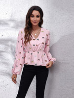Butterfly V-Neck Balloon Sleeve Peplum Blouse - Ladyez