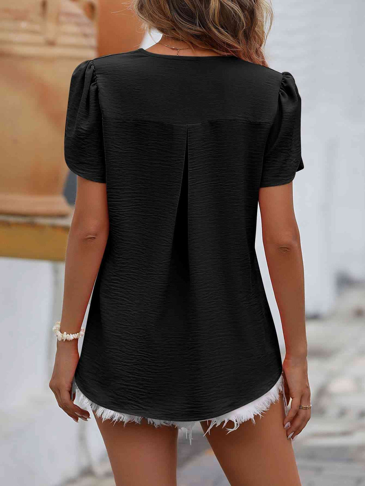 Ruche V-Neck Petal Sleeve Top - Ladyez