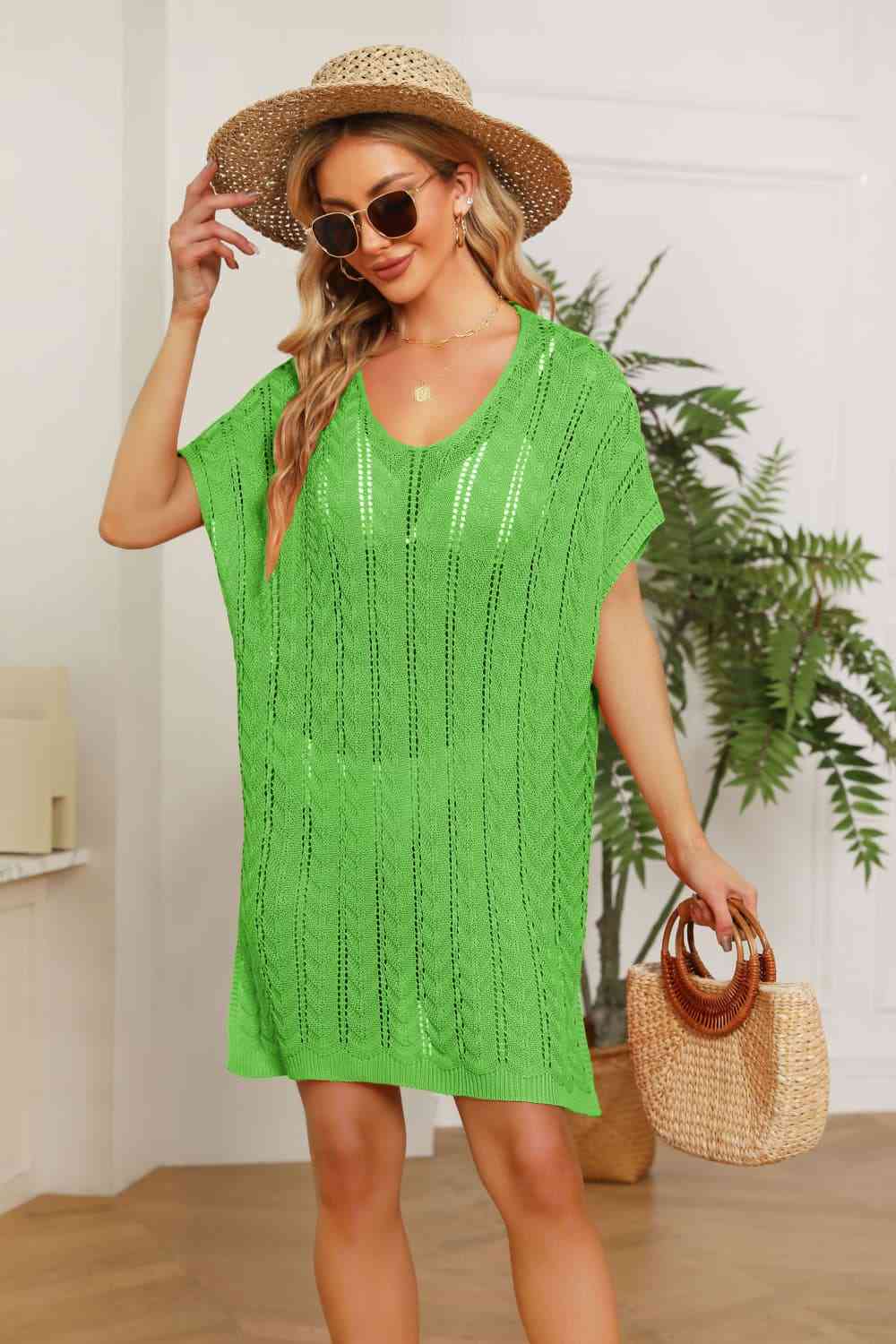 Openwork Side Slit Knit Dress - Ladyez