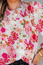Floral Round Neck Balloon Sleeve Blouse - Ladyez