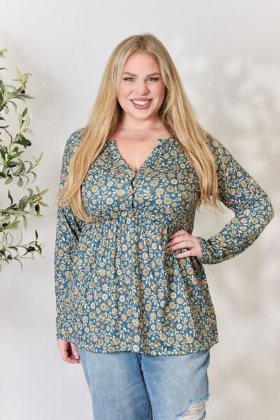 Heimish Full Size Floral Half Button Long Sleeve Blouse - Ladyez