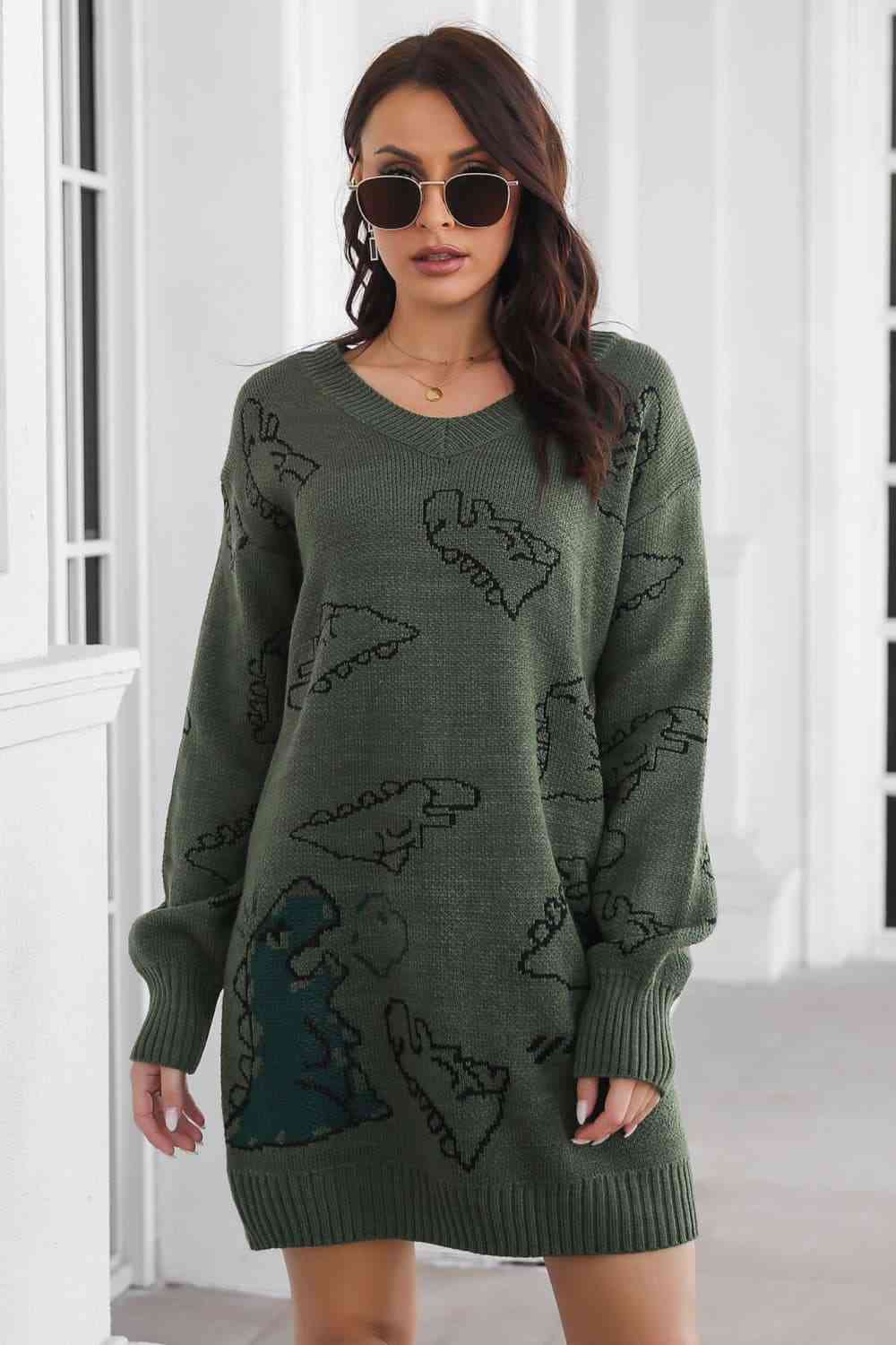 Dinosaur Pattern V-Neck Sweater Dress - Ladyez