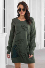 Dinosaur Pattern V-Neck Sweater Dress - Ladyez