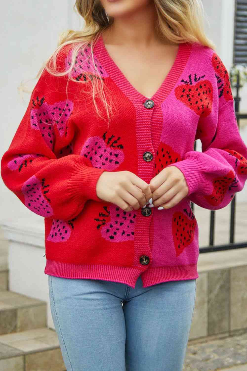 Printed V-Neck Button-Down Long Sleeve Cardigan - Ladyez