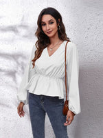 V-Neck Balloon Sleeve Peplum Blouse - Ladyez