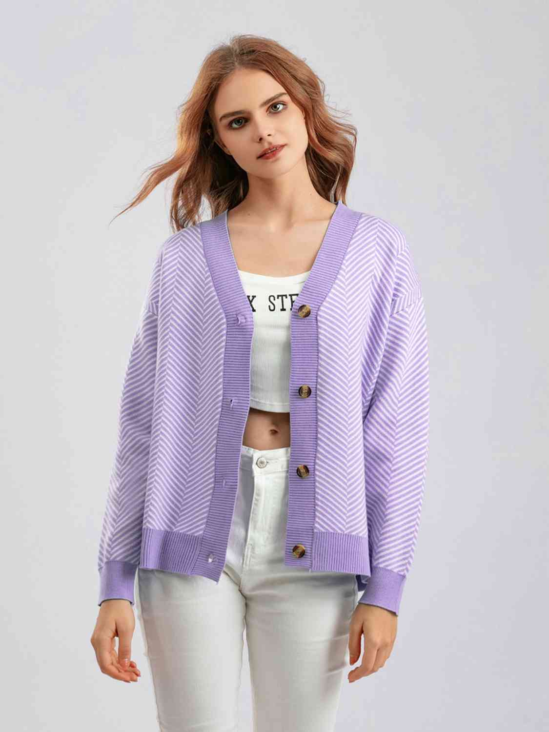 Button Down V-Neck Cardigan - Ladyez