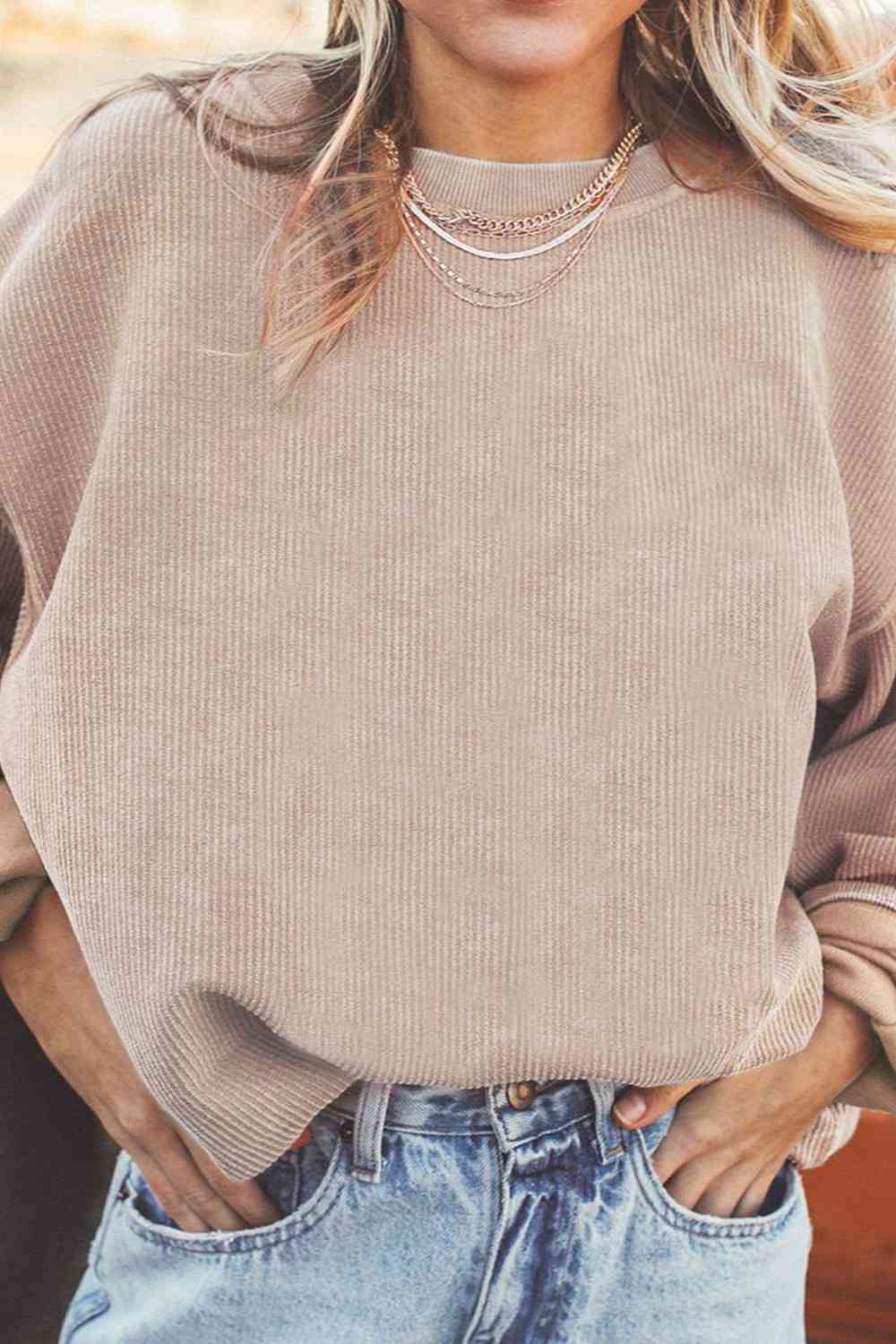 Ribbed Round Neck Drop Shoulder Sweatshirt - Ladyez
