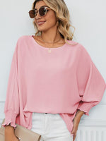 Smocked Lantern Sleeve Round Neck Blouse - Ladyez