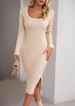 Rib-Knit Slit Sweater Dress - Ladyez