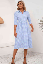 Plaid Collared Neck Midi Dress - Ladyez