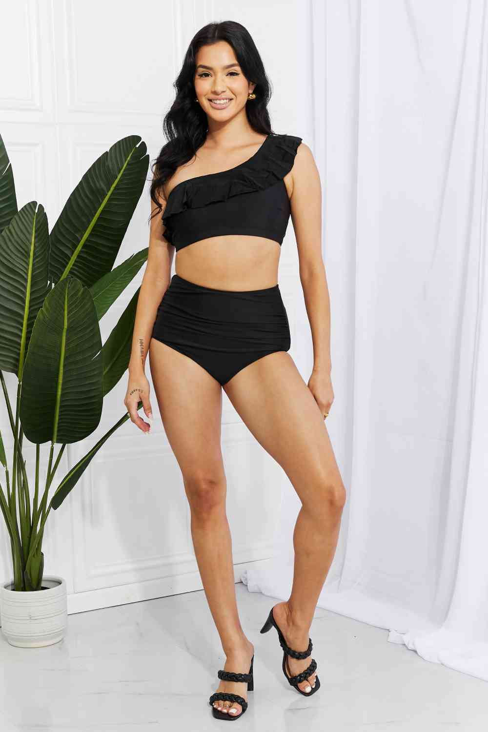 Marina West Swim Seaside Romance Ruffle One-Shoulder Bikini in Black - Ladyez