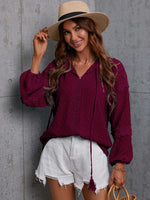 Crochet Tassel Tie Neck Long Sleeve Blouse - Ladyez
