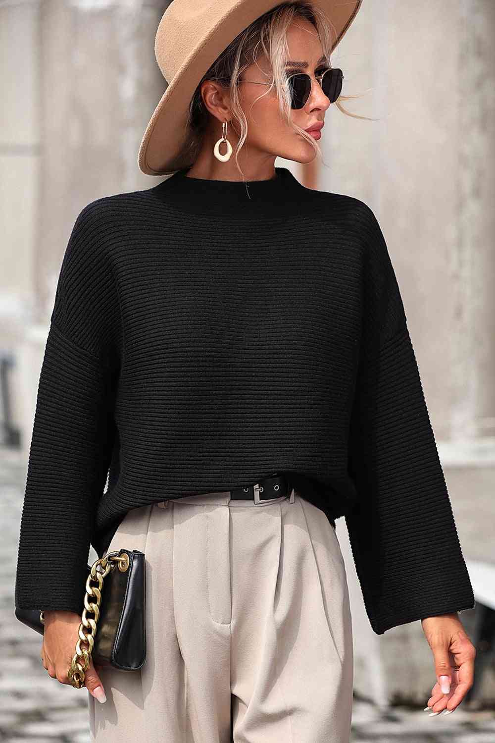 Mock Neck Dropped Shoulder Pullover Sweater - Ladyez