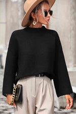 Mock Neck Dropped Shoulder Pullover Sweater - Ladyez