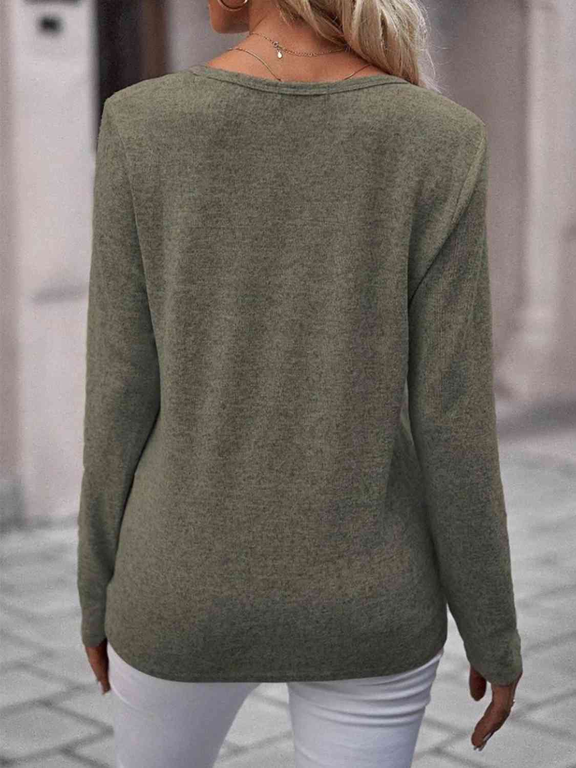 Round Neck Buttoned Long Sleeve T-Shirt - Ladyez