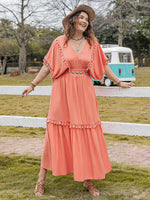 Plus Size Tassel Trim V-Neck Short Sleeve Ruffle Hem Dress - Ladyez