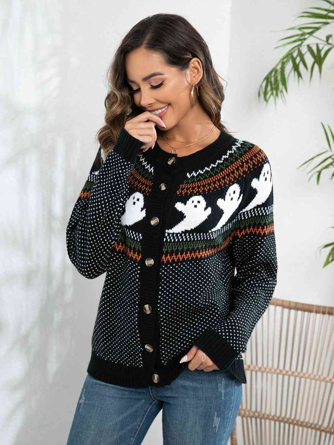 Ghost Button Up Long Sleeve Cardigan - Ladyez