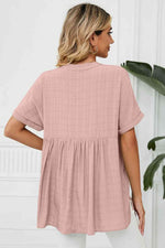 Side Slit Notched Neck Cuffed Short Sleeve Blouse - Ladyez