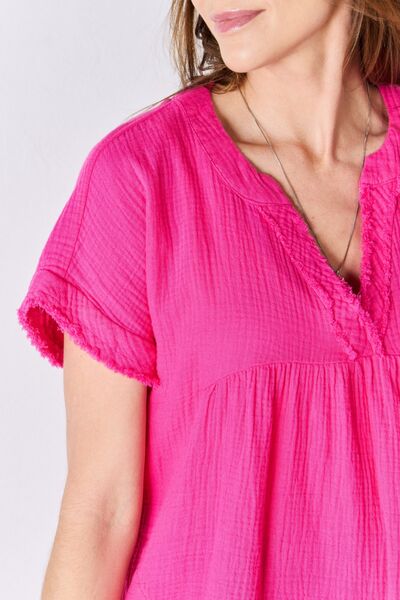 Zenana Full Size Raw Hem Short Sleeve Top - Ladyez