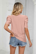 Eyelet Puff Sleeve Round Neck Blouse - Ladyez