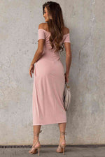 Off-Shoulder Short Sleeve Split Dress - Ladyez
